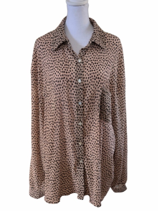 POL Tops - POL Tan Black Dotted Button Down Blouse